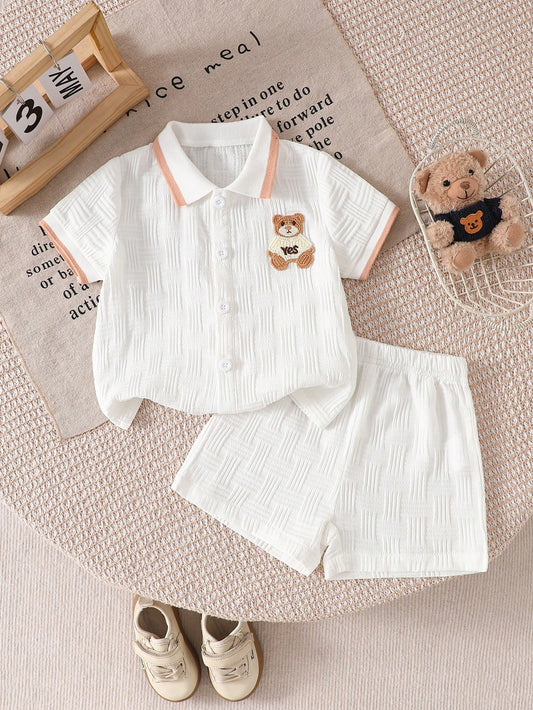 Playful Pals Baby Boy Cartoon Bear Textured Shirt And Shorts Street Fashion Outfit