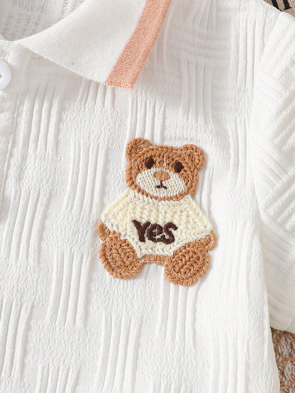 Playful Pals Baby Boy Cartoon Bear Textured Shirt And Shorts Street Fashion Outfit