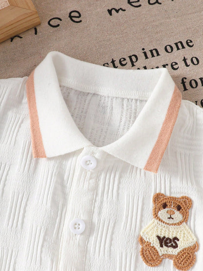 Playful Pals Baby Boy Cartoon Bear Textured Shirt And Shorts Street Fashion Outfit