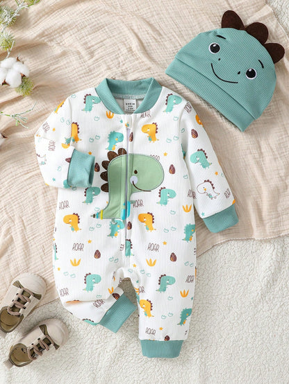Playful Pals Baby Boy Long Sleeve Jumpsuit With Cute Dinosaur Print & Hat, Comfortable & Casual Outfit For Indoor/Outdoor Activities, Spring/Autumn