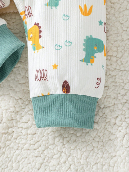 Playful Pals Baby Boy Long Sleeve Jumpsuit With Cute Dinosaur Print & Hat, Comfortable & Casual Outfit For Indoor/Outdoor Activities, Spring/Autumn