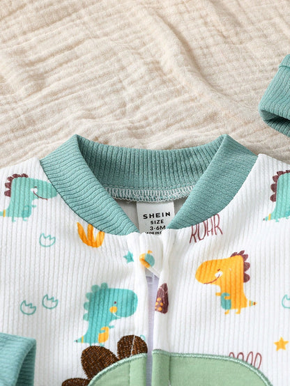 Playful Pals Baby Boy Long Sleeve Jumpsuit With Cute Dinosaur Print & Hat, Comfortable & Casual Outfit For Indoor/Outdoor Activities, Spring/Autumn