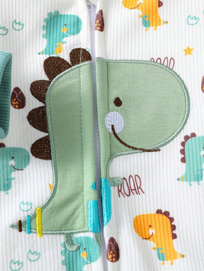 Playful Pals Baby Boy Long Sleeve Jumpsuit With Cute Dinosaur Print & Hat, Comfortable & Casual Outfit For Indoor/Outdoor Activities, Spring/Autumn