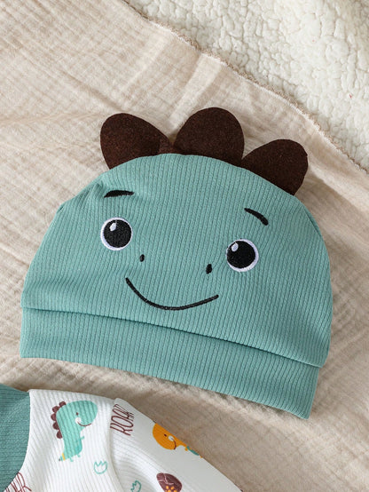 Playful Pals Baby Boy Long Sleeve Jumpsuit With Cute Dinosaur Print & Hat, Comfortable & Casual Outfit For Indoor/Outdoor Activities, Spring/Autumn