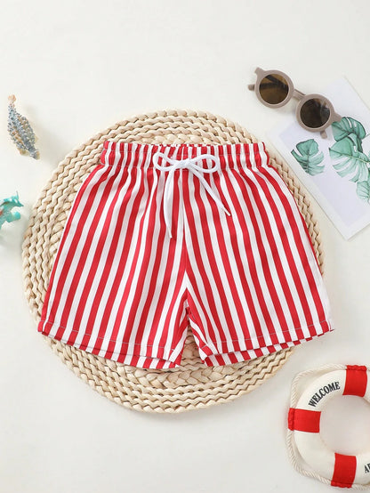 Playful Pals Baby Boy Red And White Stripe Swim Trunks,Toddler Waist Tie Casual Summer Beach Shorts,Infant Vacation Striped Bottoms For 1 Year Old