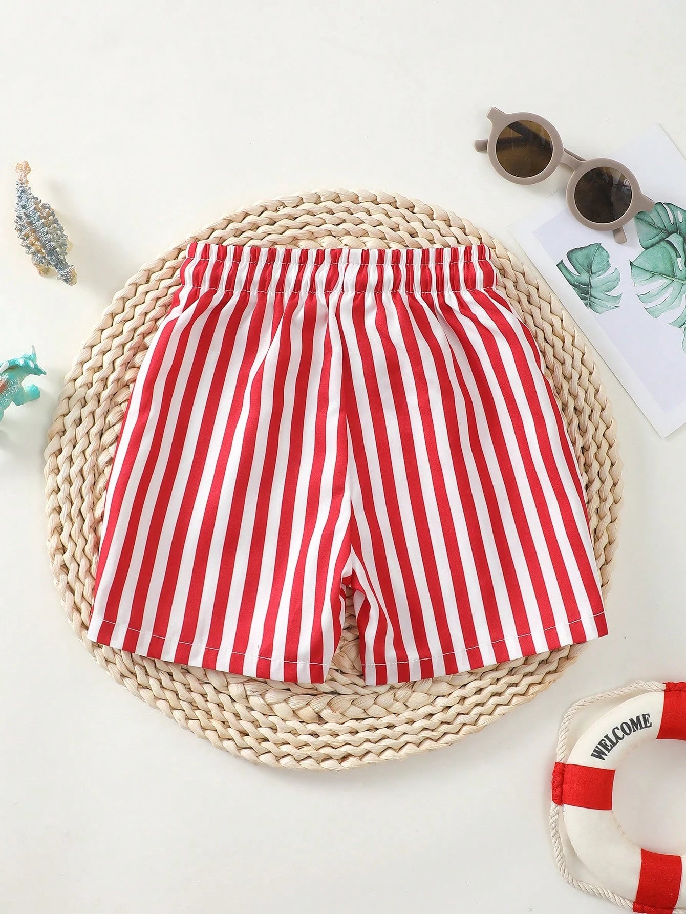 Playful Pals Baby Boy Red And White Stripe Swim Trunks,Toddler Waist Tie Casual Summer Beach Shorts,Infant Vacation Striped Bottoms For 1 Year Old