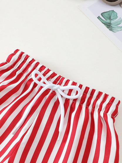 Playful Pals Baby Boy Red And White Stripe Swim Trunks,Toddler Waist Tie Casual Summer Beach Shorts,Infant Vacation Striped Bottoms For 1 Year Old