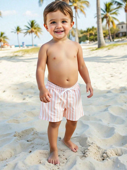 Playful Pals Baby Boy Red And White Stripe Swim Trunks,Toddler Waist Tie Casual Summer Beach Shorts,Infant Vacation Striped Bottoms For 1 Year Old