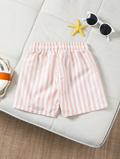 Playful Pals Baby Boy Red And White Stripe Swim Trunks,Toddler Waist Tie Casual Summer Beach Shorts,Infant Vacation Striped Bottoms For 1 Year Old