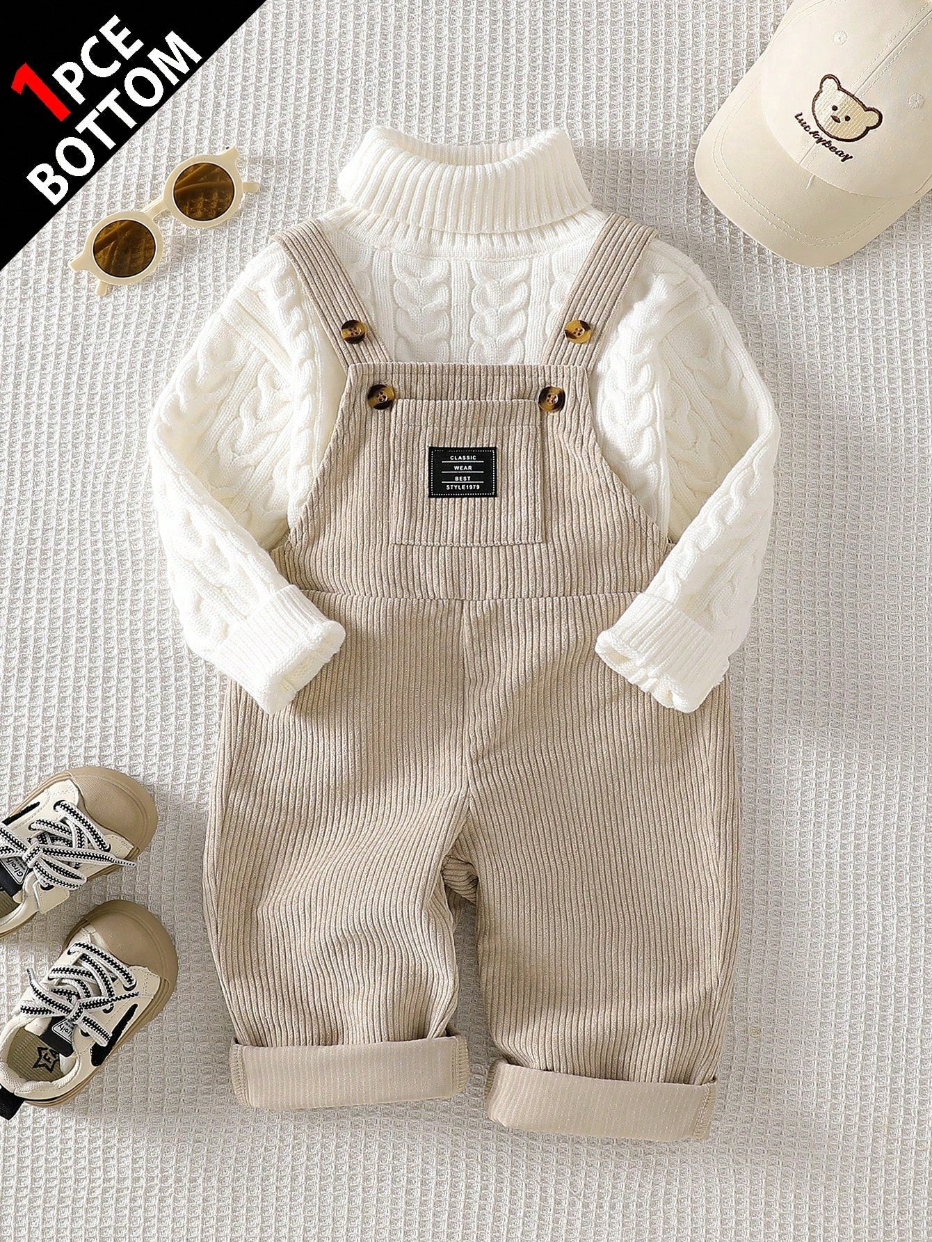 Playful Pals Baby Boys 0-3 Years Old Khaki Letter Embroidered Corduroy Jumpsuit, Suitable For Outings, Casual, Birthday Party Matching Family Autumn