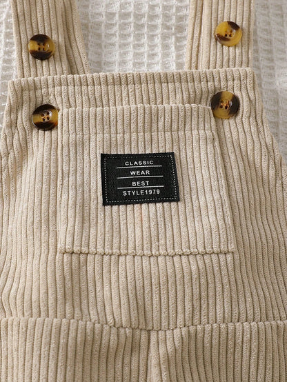 Playful Pals Baby Boys 0-3 Years Old Khaki Letter Embroidered Corduroy Jumpsuit, Suitable For Outings, Casual, Birthday Party Matching Family Autumn