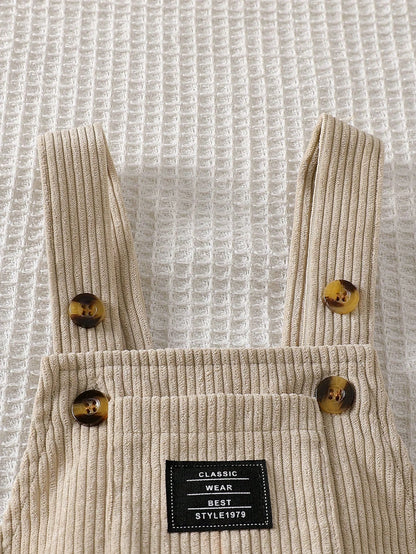 Playful Pals Baby Boys 0-3 Years Old Khaki Letter Embroidered Corduroy Jumpsuit, Suitable For Outings, Casual, Birthday Party Matching Family Autumn