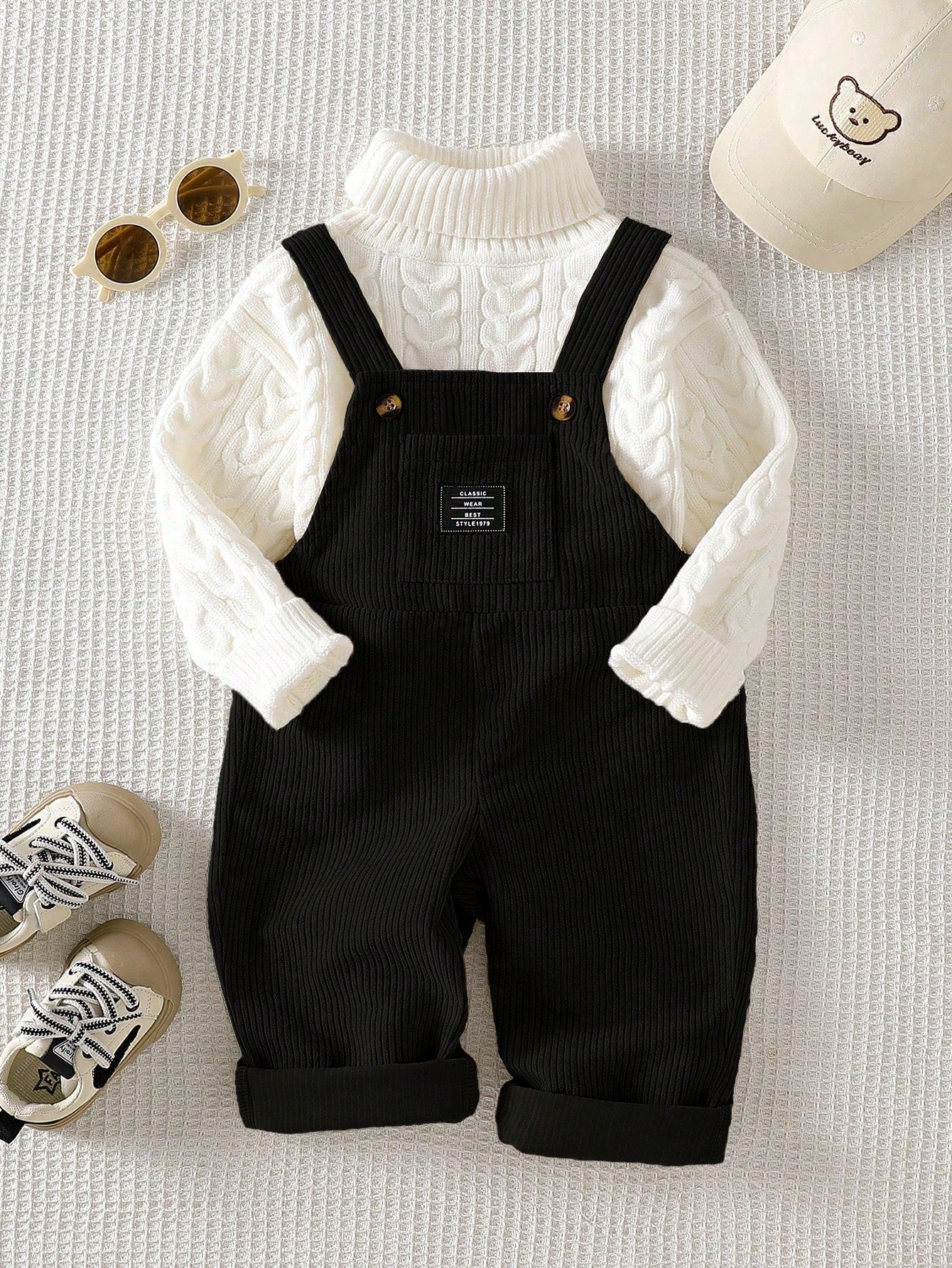 Playful Pals Baby Boys 0-3 Years Old Khaki Letter Embroidered Corduroy Jumpsuit, Suitable For Outings, Casual, Birthday Party Matching Family Autumn