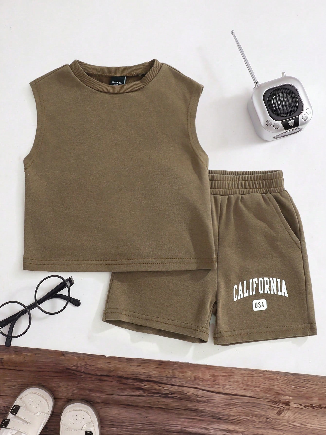 Playful Pals Baby Boys 2-Piece Denim Set,Brown Gingham,Summer,Casual,Independence Day Fashion Style,Elastic Waistband Shorts With Print,Soft Knit Denim Outfits