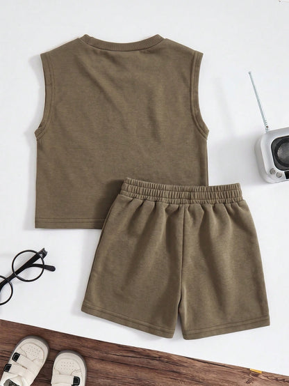 Playful Pals Baby Boys 2-Piece Denim Set,Brown Gingham,Summer,Casual,Independence Day Fashion Style,Elastic Waistband Shorts With Print,Soft Knit Denim Outfits