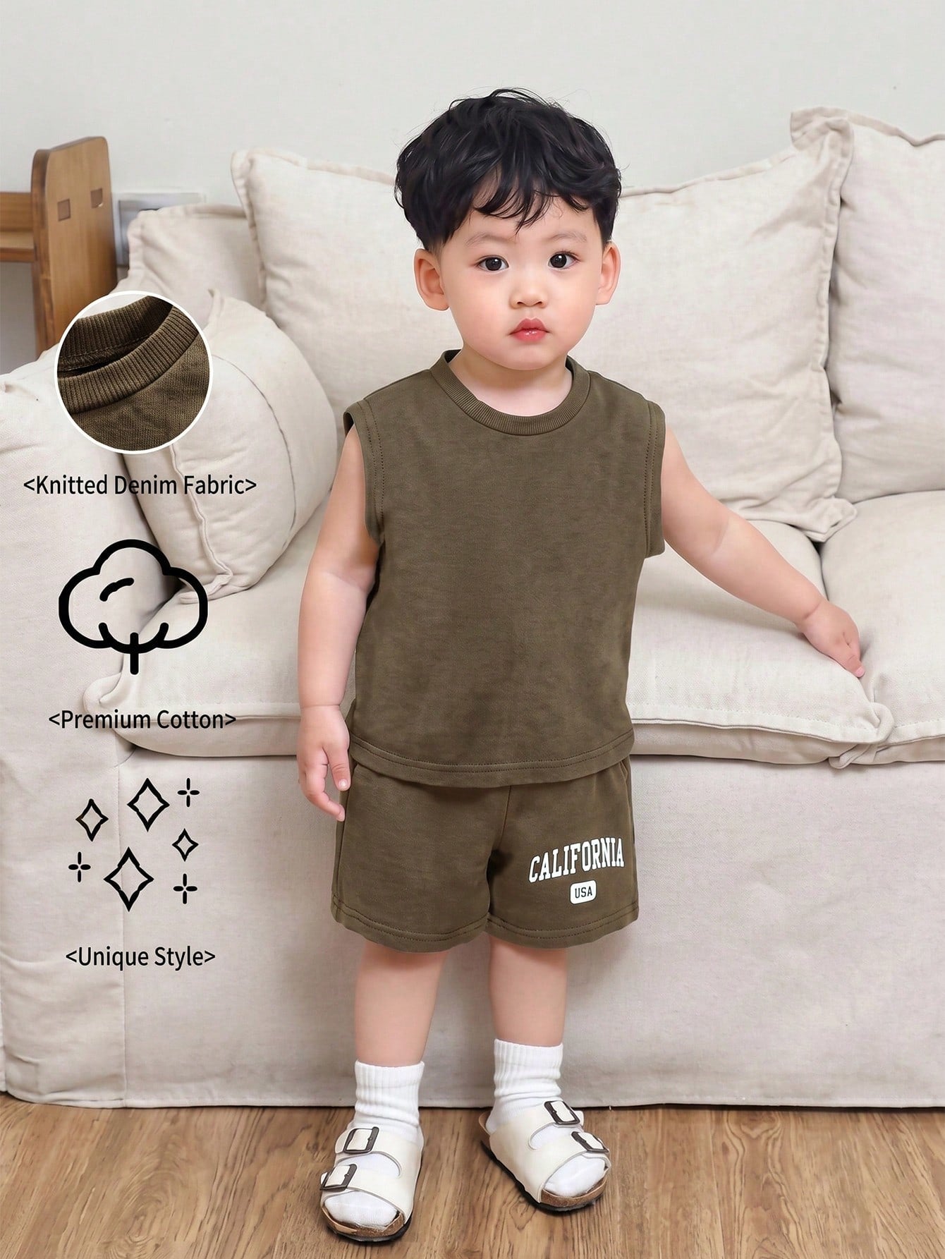 Playful Pals Baby Boys 2-Piece Denim Set,Brown Gingham,Summer,Casual,Independence Day Fashion Style,Elastic Waistband Shorts With Print,Soft Knit Denim Outfits