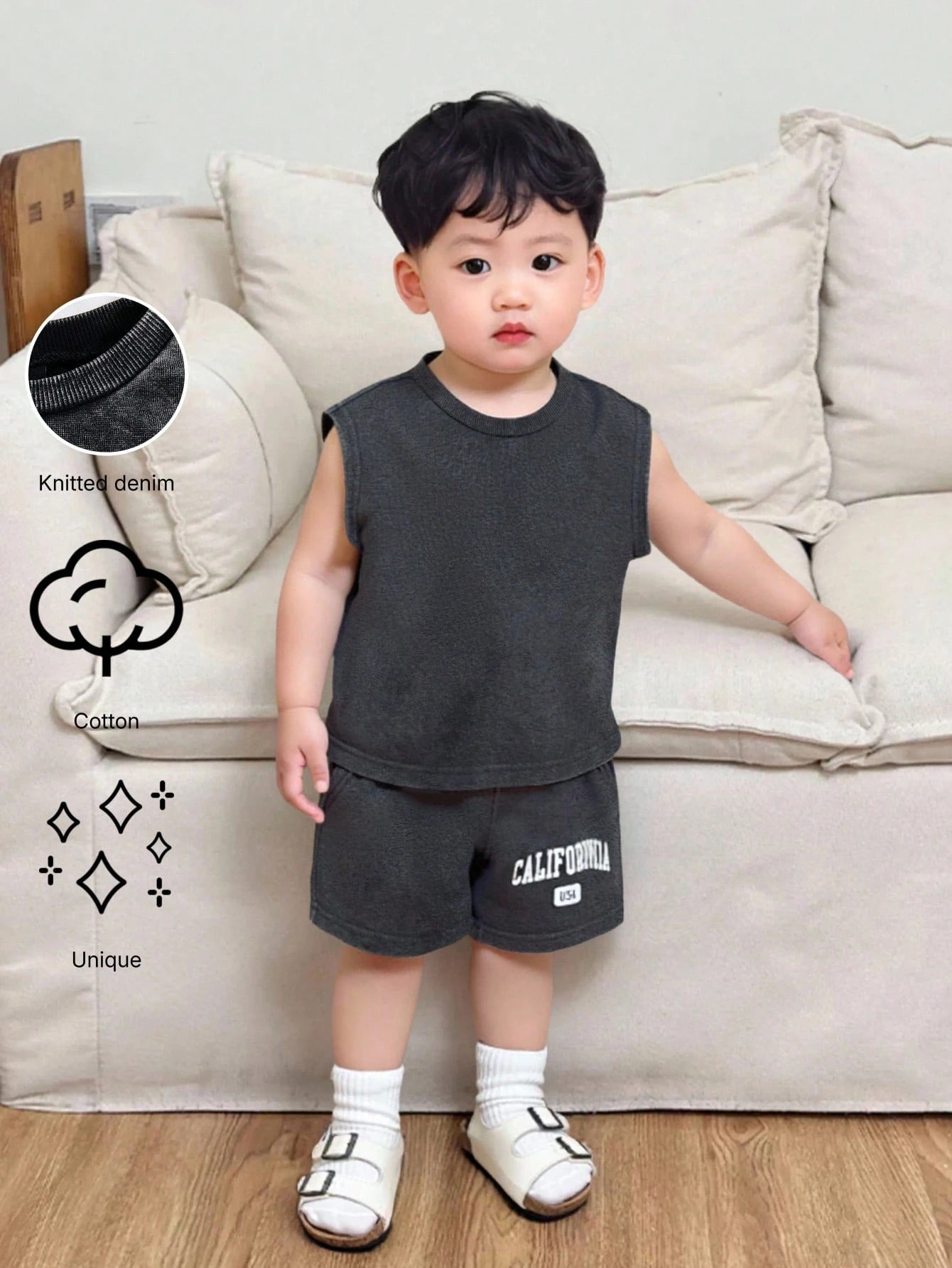 Playful Pals Baby Boys 2-Piece Denim Set,Brown Gingham,Summer,Casual,Independence Day Fashion Style,Elastic Waistband Shorts With Print,Soft Knit Denim Outfits