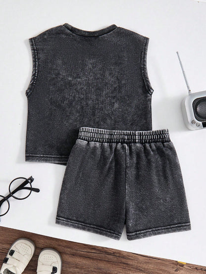 Playful Pals Baby Boys 2-Piece Denim Set,Brown Gingham,Summer,Casual,Independence Day Fashion Style,Elastic Waistband Shorts With Print,Soft Knit Denim Outfits