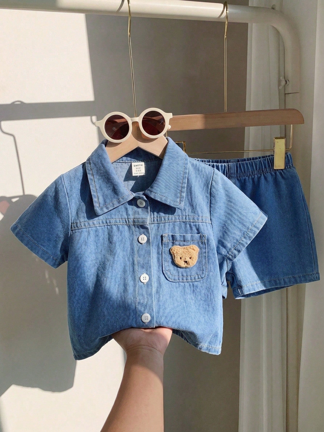 Playful Pals Babyboy Summer Blue Denim Outfit,Short Sleeve Lapel Cardigan Top With Shorts,Casual Loose Fit,Bear Patch,City Break Style,For Outings&Daily Sports