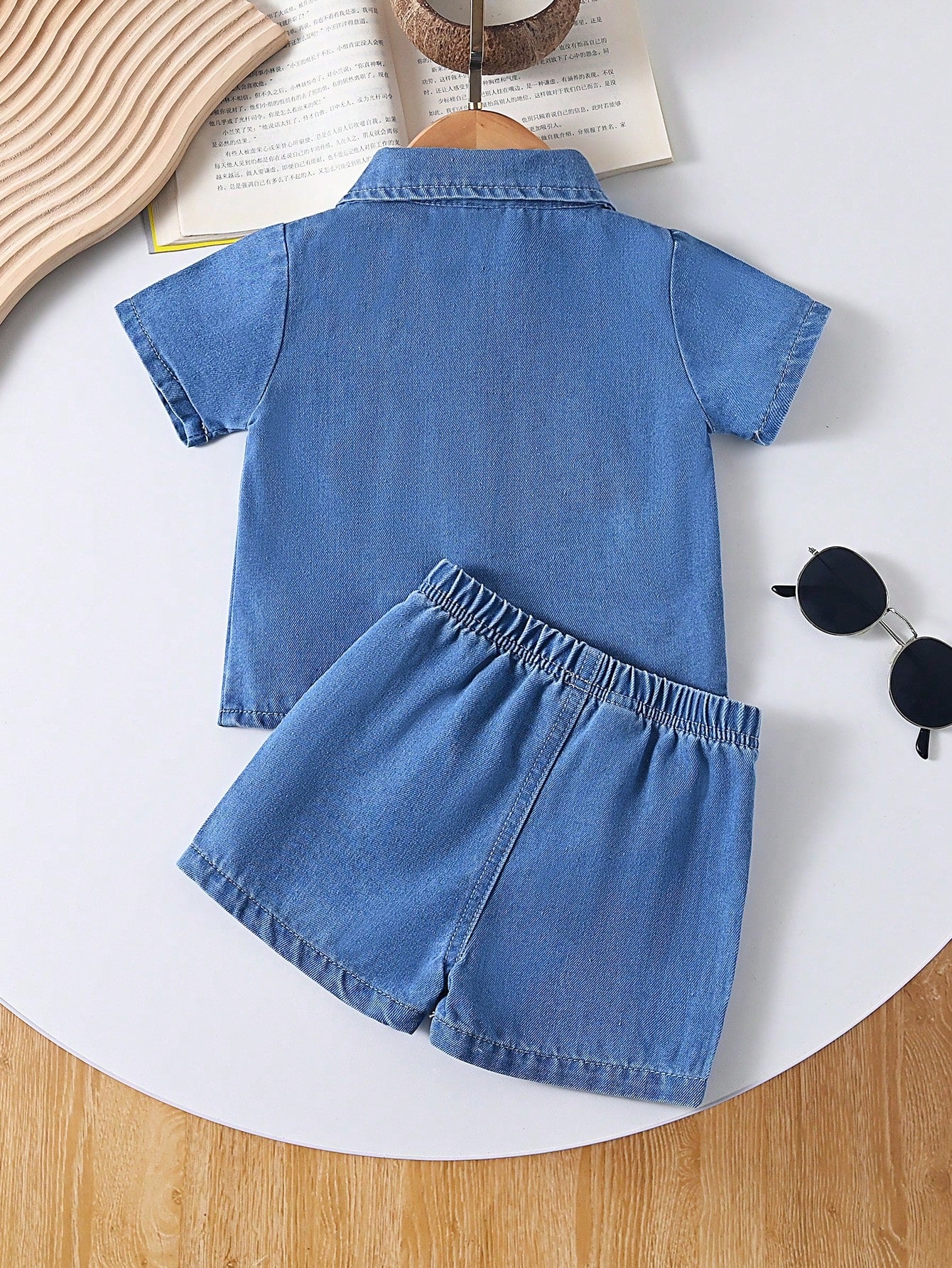 Playful Pals Babyboy Summer Blue Denim Outfit,Short Sleeve Lapel Cardigan Top With Shorts,Casual Loose Fit,Bear Patch,City Break Style,For Outings&Daily Sports