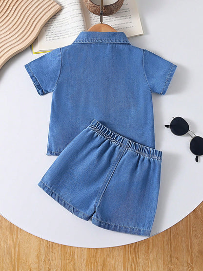 Playful Pals Babyboy Summer Blue Denim Outfit,Short Sleeve Lapel Cardigan Top With Shorts,Casual Loose Fit,Bear Patch,City Break Style,For Outings&Daily Sports
