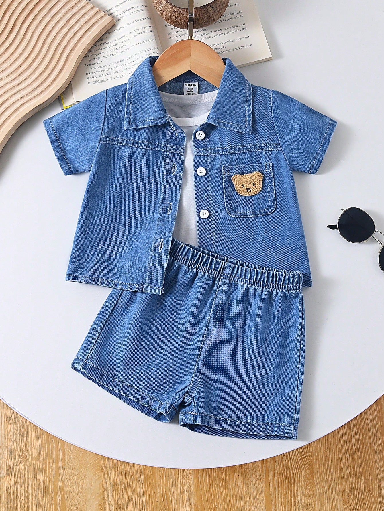 Playful Pals Babyboy Summer Blue Denim Outfit,Short Sleeve Lapel Cardigan Top With Shorts,Casual Loose Fit,Bear Patch,City Break Style,For Outings&Daily Sports