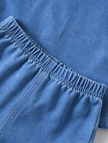 Playful Pals Babyboy Summer Blue Denim Outfit,Short Sleeve Lapel Cardigan Top With Shorts,Casual Loose Fit,Bear Patch,City Break Style,For Outings&Daily Sports