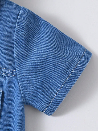 Playful Pals Babyboy Summer Blue Denim Outfit,Short Sleeve Lapel Cardigan Top With Shorts,Casual Loose Fit,Bear Patch,City Break Style,For Outings&Daily Sports