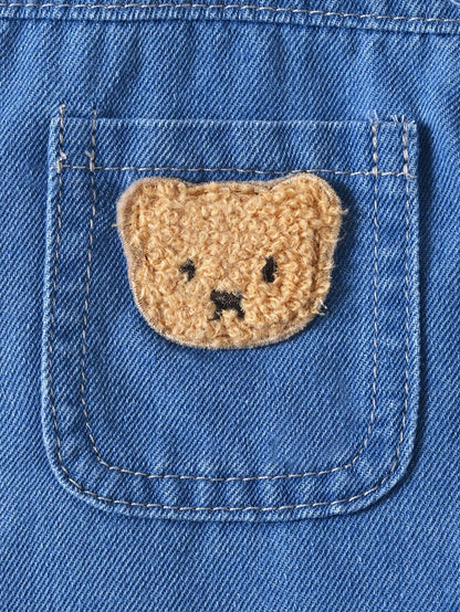 Playful Pals Babyboy Summer Blue Denim Outfit,Short Sleeve Lapel Cardigan Top With Shorts,Casual Loose Fit,Bear Patch,City Break Style,For Outings&Daily Sports