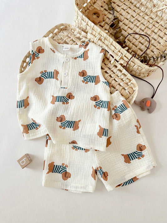 Playful Pals Newborn Baby Boys Cute Animal Dog Print Off-White Sleeveless Co-Ords Set Summer Casual Work Round Neck Button Front Top Shorts Squishy Fabric Outfit