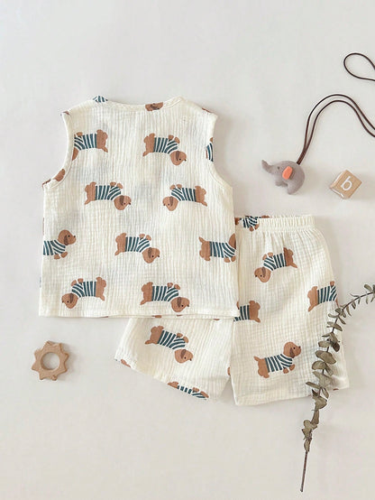 Playful Pals Newborn Baby Boys Cute Animal Dog Print Off-White Sleeveless Co-Ords Set Summer Casual Work Round Neck Button Front Top Shorts Squishy Fabric Outfit