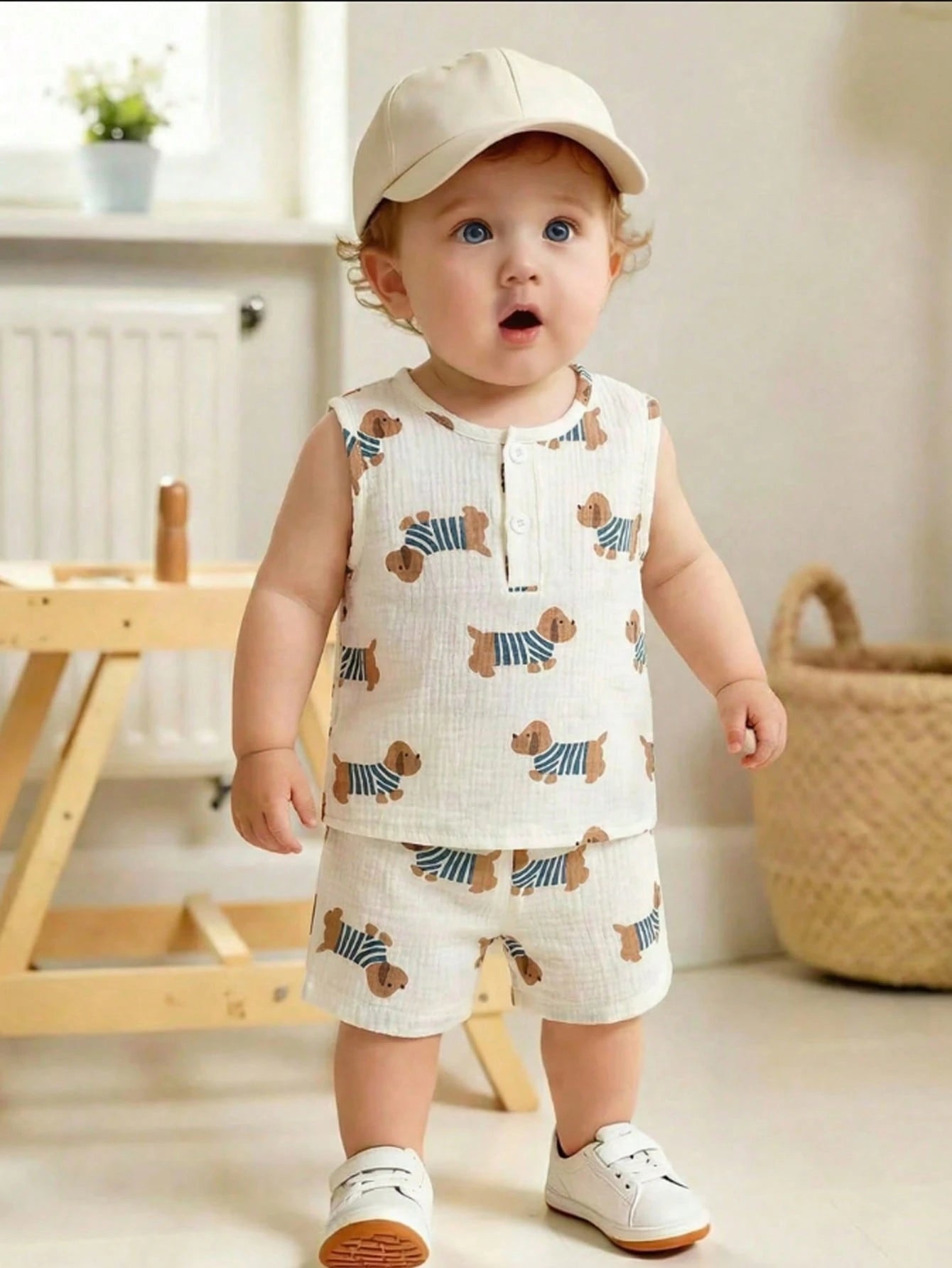 Playful Pals Newborn Baby Boys Cute Animal Dog Print Off-White Sleeveless Co-Ords Set Summer Casual Work Round Neck Button Front Top Shorts Squishy Fabric Outfit