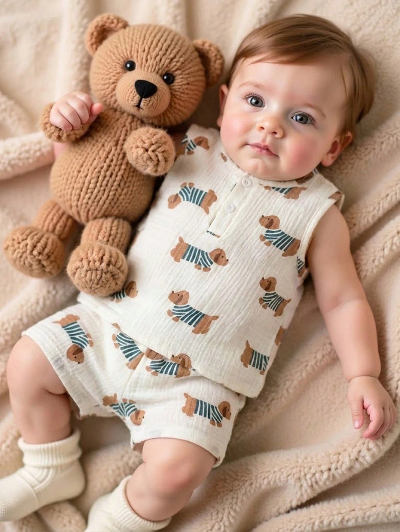 Playful Pals Newborn Baby Boys Cute Animal Dog Print Off-White Sleeveless Co-Ords Set Summer Casual Work Round Neck Button Front Top Shorts Squishy Fabric Outfit