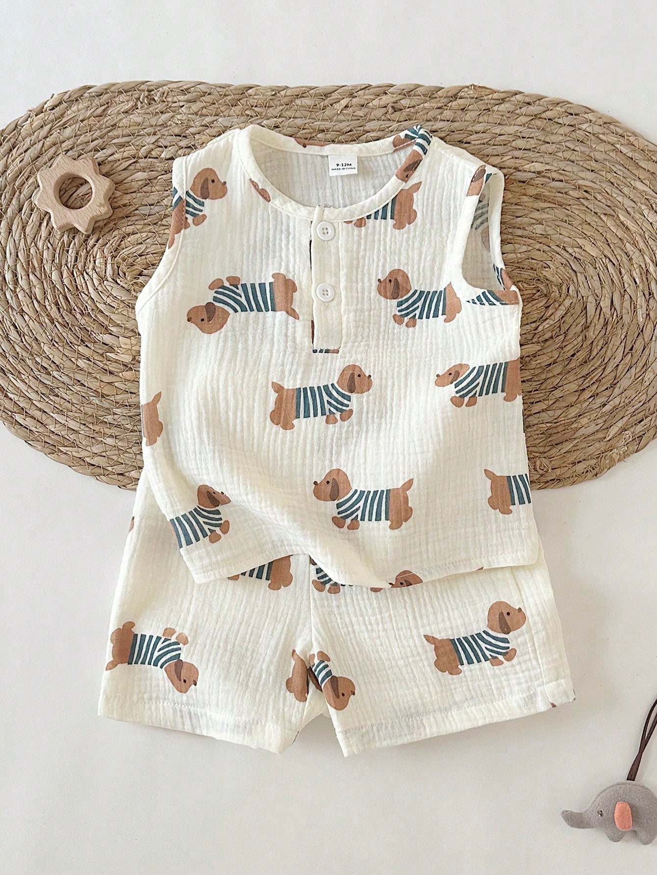 Playful Pals Newborn Baby Boys Cute Animal Dog Print Off-White Sleeveless Co-Ords Set Summer Casual Work Round Neck Button Front Top Shorts Squishy Fabric Outfit