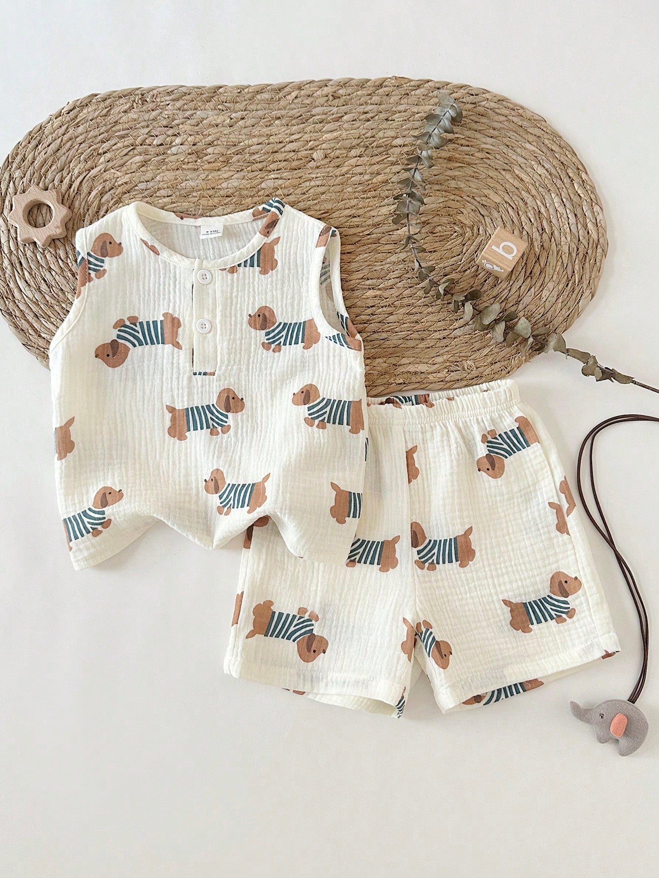 Playful Pals Newborn Baby Boys Cute Animal Dog Print Off-White Sleeveless Co-Ords Set Summer Casual Work Round Neck Button Front Top Shorts Squishy Fabric Outfit