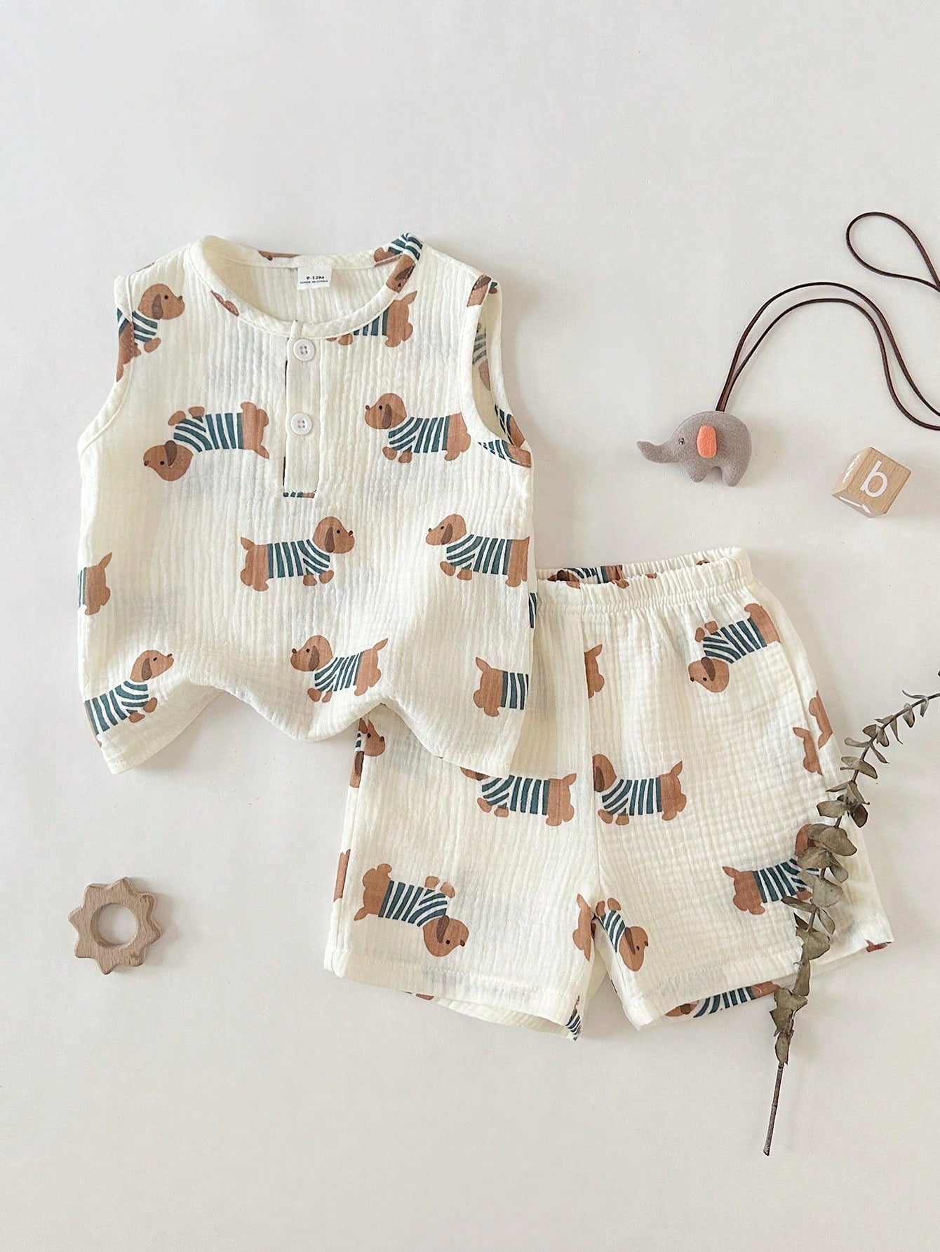Playful Pals Newborn Baby Boys Cute Animal Dog Print Off-White Sleeveless Co-Ords Set Summer Casual Work Round Neck Button Front Top Shorts Squishy Fabric Outfit