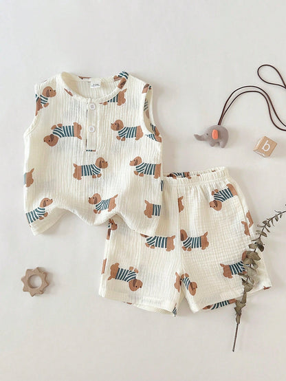 Playful Pals Newborn Baby Boys Cute Animal Dog Print Off-White Sleeveless Co-Ords Set Summer Casual Work Round Neck Button Front Top Shorts Squishy Fabric Outfit