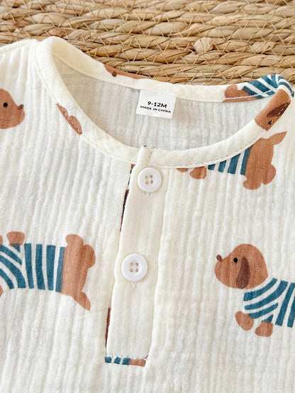 Playful Pals Newborn Baby Boys Cute Animal Dog Print Off-White Sleeveless Co-Ords Set Summer Casual Work Round Neck Button Front Top Shorts Squishy Fabric Outfit