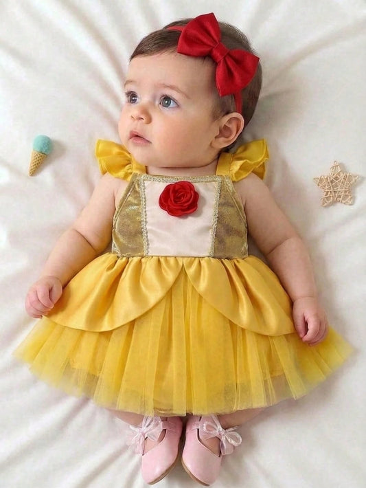 Playful Pals Princess Blue Gemstone Mesh Dress, Palace Style For Baby Girl