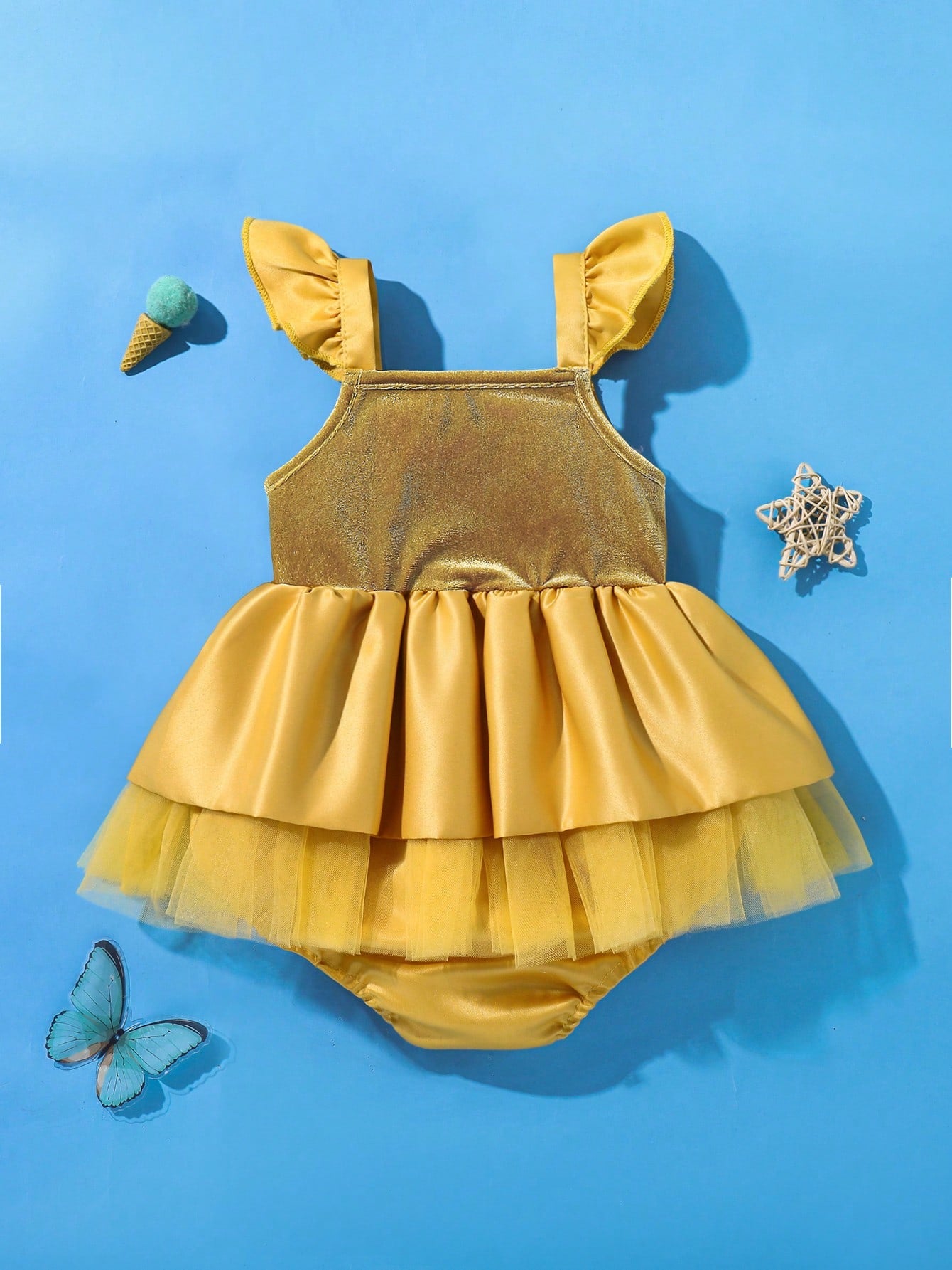 Playful Pals Princess Blue Gemstone Mesh Dress, Palace Style For Baby Girl