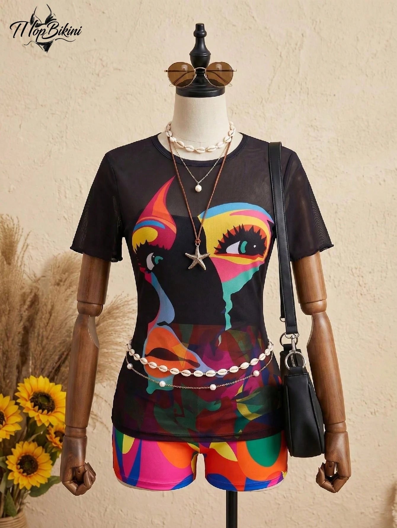 Plus Size 3pc Swimsuit With Mesh Cover Up Set Tummy Control High Waisted Shorts Abstract Graphics Print Beachwear