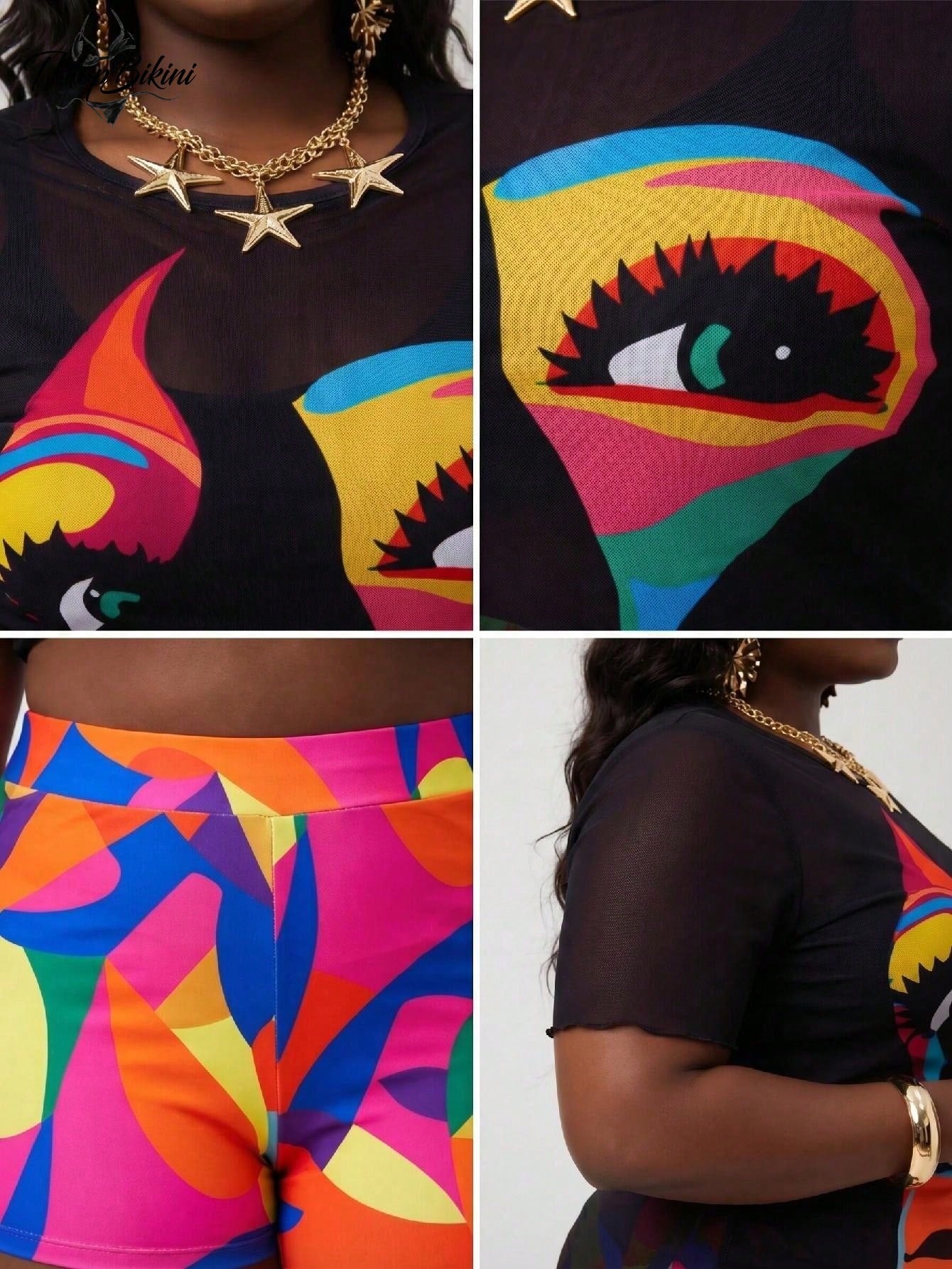 Plus Size 3pc Swimsuit With Mesh Cover Up Set Tummy Control High Waisted Shorts Abstract Graphics Print Beachwear