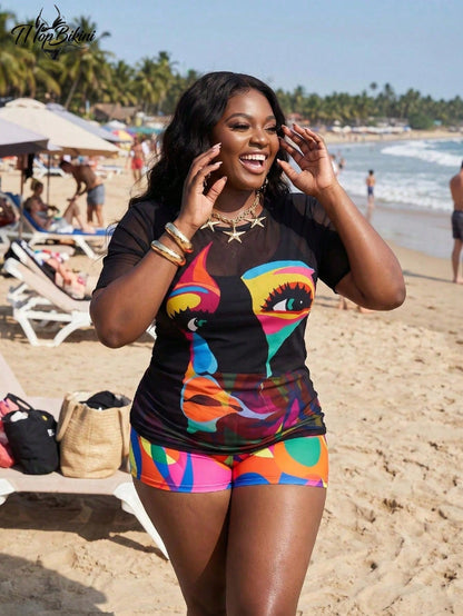 Plus Size 3pc Swimsuit With Mesh Cover Up Set Tummy Control High Waisted Shorts Abstract Graphics Print Beachwear