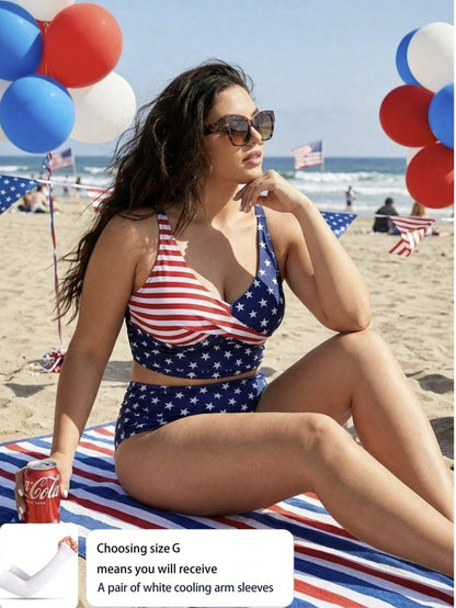 Plus Size American Stars & Stripes Print High Waist Bikini Set – Women's Patriotic Two Piece Swimsuit