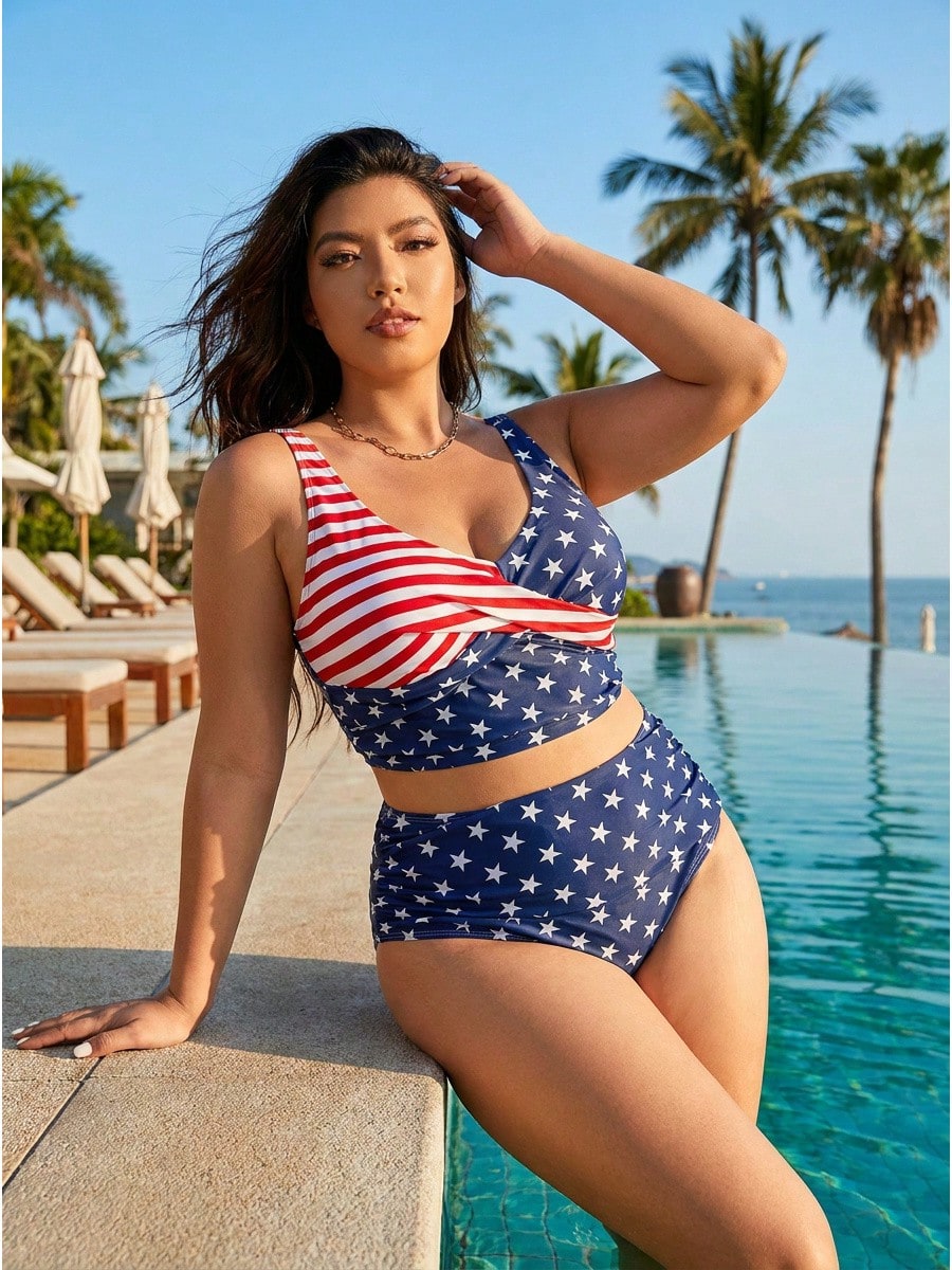 Plus Size American Stars & Stripes Print High Waist Bikini Set – Women's Patriotic Two Piece Swimsuit