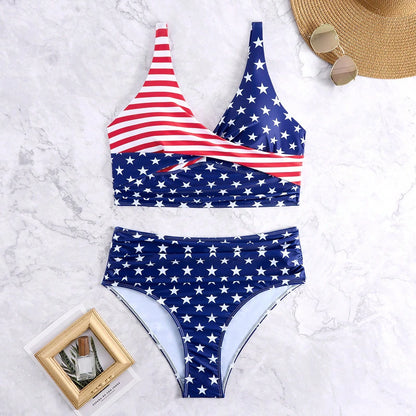 Plus Size American Stars & Stripes Print High Waist Bikini Set – Women's Patriotic Two Piece Swimsuit