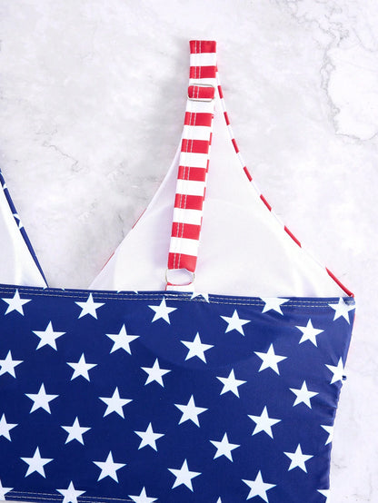 Plus Size American Stars & Stripes Print High Waist Bikini Set – Women's Patriotic Two Piece Swimsuit