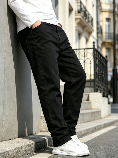Plus Size Baggy Black Jeans For Men,Straight Leg Black Jeans Classic Denim Trousers Loose Fit Streetwear Comfy Daily Workwear With Pockets