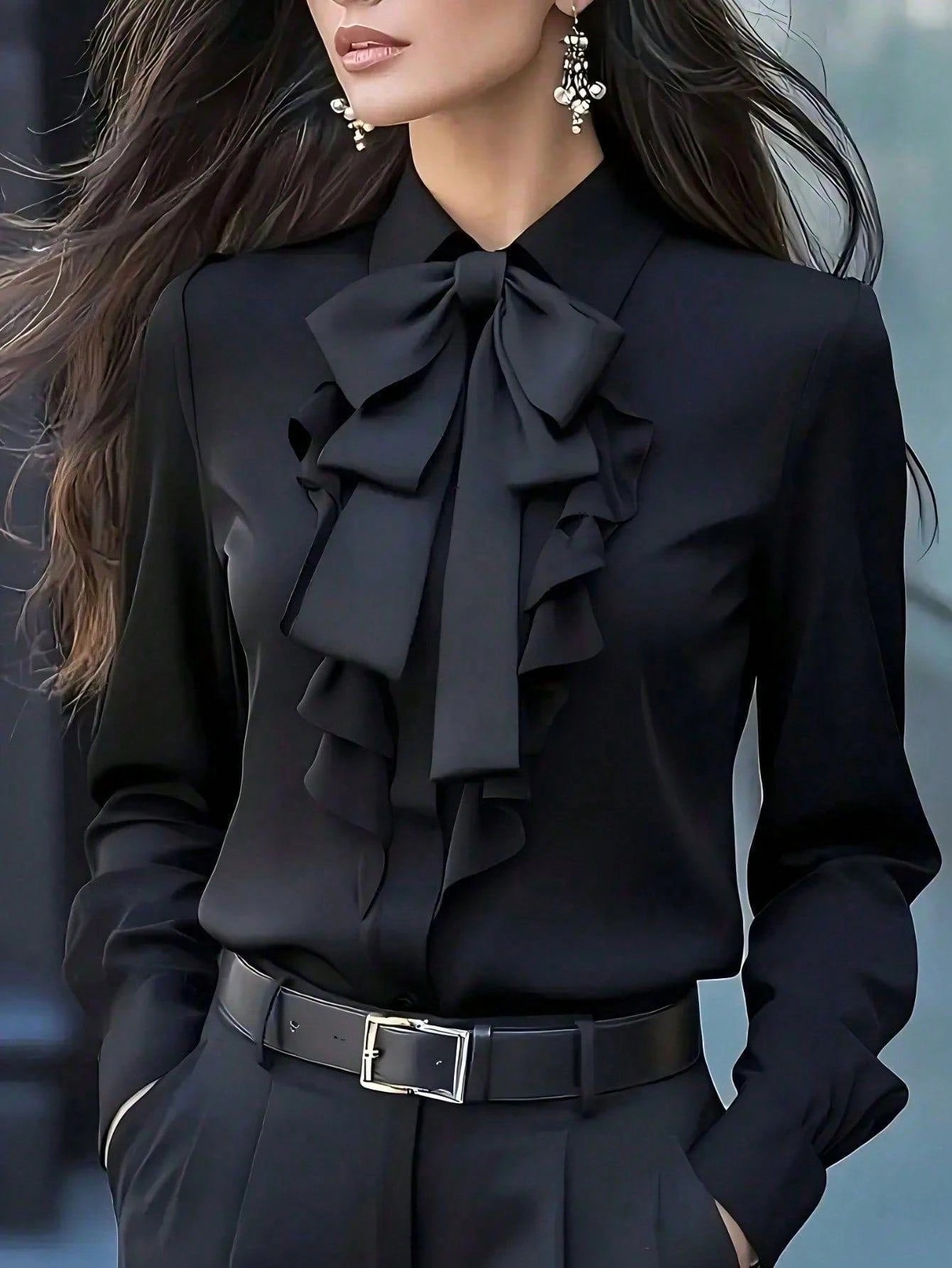 Plus Size Black Bow Tie Shirt With Ruffle Trim, Long Sleeve Regular Fit Top