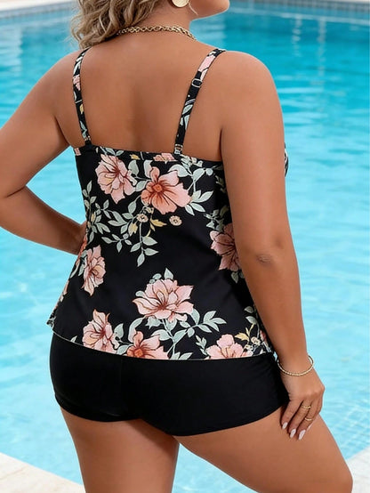 Plus-Size Black Floral Print Layered Ruffled Women's Tankini Swimsuit With Thin Straps And Conservative Boxer Shorts.